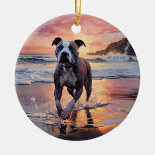Sandy American Staffordshire Dog on Beach Sunset Ceramic Ornament