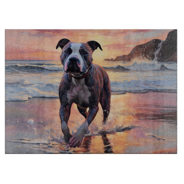 Sandy American Staffordshire Dog on Beach Sunset Cutting Board (Front)