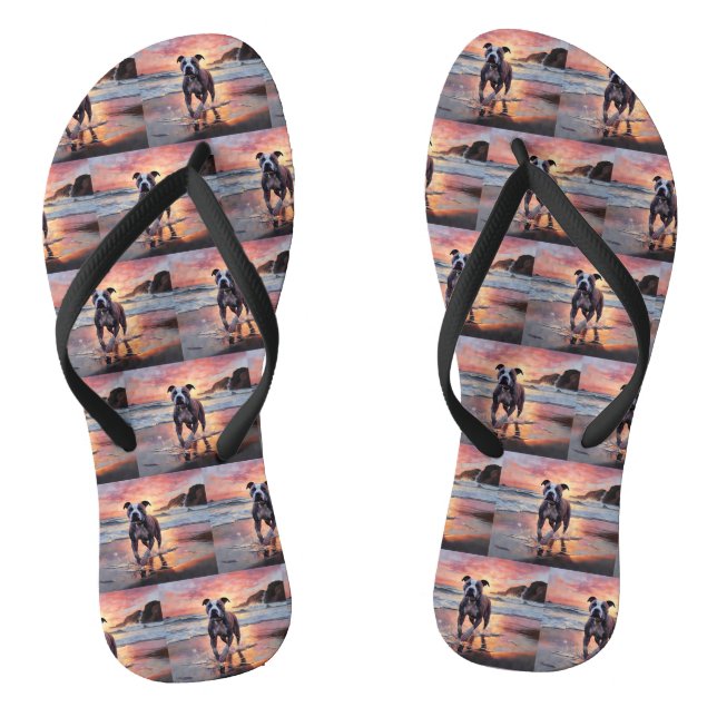 Sandy American Staffordshire Dog on Beach Sunset Flip Flops (Footbed)