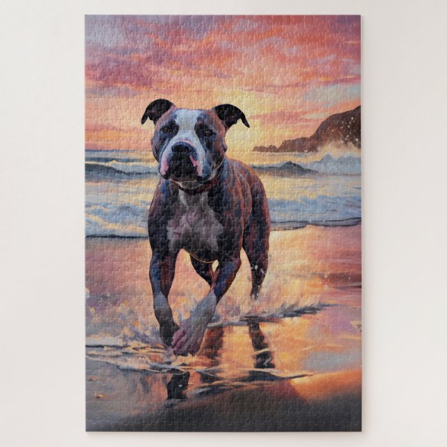Sandy American Staffordshire Dog on Beach Sunset Jigsaw Puzzle (Vertical)