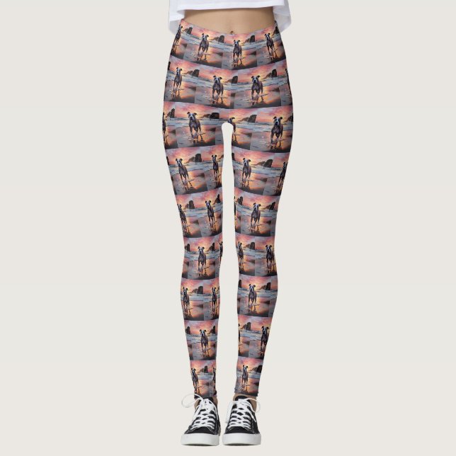 Sandy American Staffordshire Dog on Beach Sunset Leggings (Front)