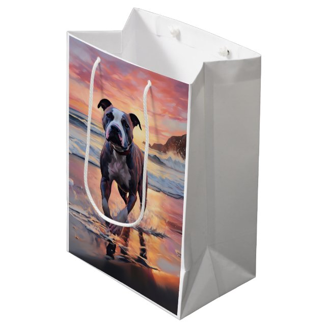 Sandy American Staffordshire Dog on Beach Sunset Medium Gift Bag (Front Angled)