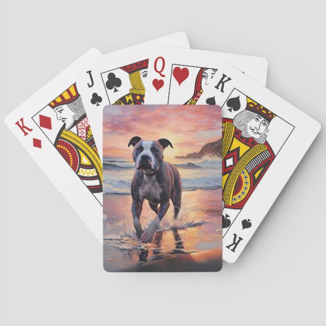 Sandy American Staffordshire Dog on Beach Sunset Playing Cards (Back)