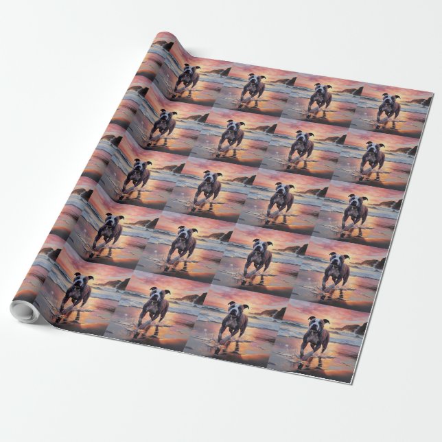 Sandy American Staffordshire Dog on Beach Sunset Wrapping Paper (Unrolled)