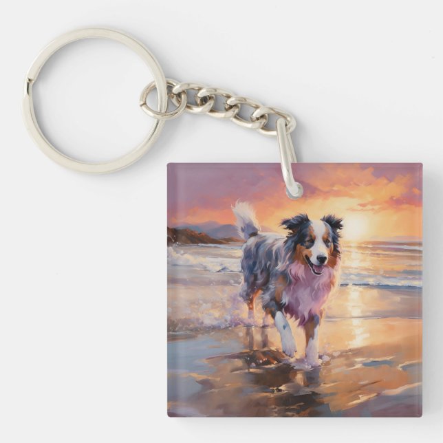 Sandy Australian Shepherd Dog on Beach Sunset (Devant)