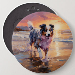 Sandy Australian Shepherd Dog on Beach Sunset  6 Inch Round Button