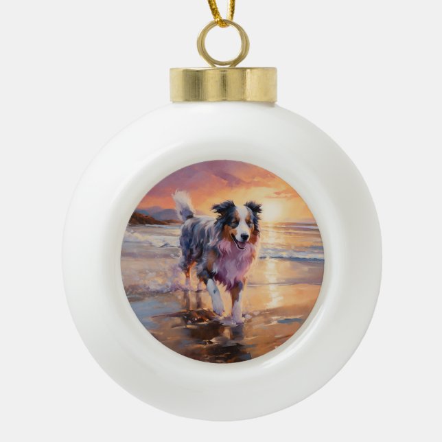 Sandy Australian Shepherd Dog on Beach Sunset  Ceramic Ball Christmas Ornament (Front)