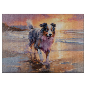 Sandy Australian Shepherd Dog on Beach Sunset Cutting Board