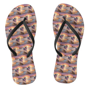 Sandy Australian Shepherd Dog on Beach Sunset Flip Flops