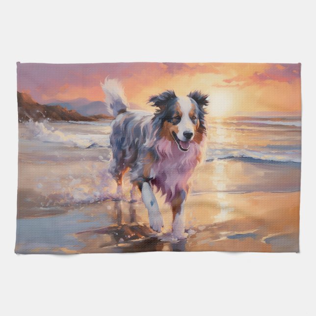 Sandy Australian Shepherd Dog on Beach Sunset  Kitchen Towel (Horizontal)