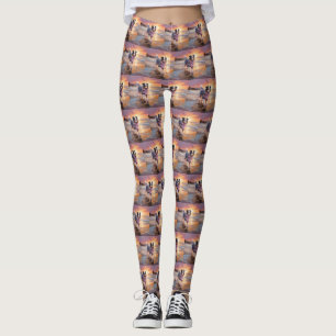 Sandy Australian Shepherd Dog on Beach Sunset Leggings