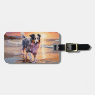 Sandy Australian Shepherd Dog on Beach Sunset  Luggage Tag