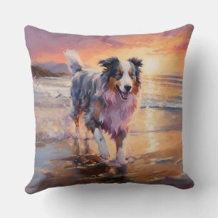 Sandy Australian Shepherd Dog on Beach Sunset Throw Pillow