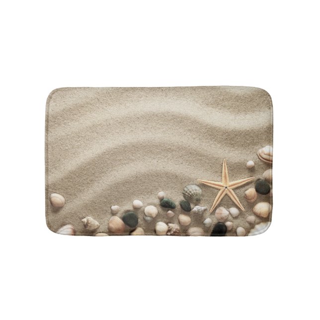 Sandy Beach Background With Shells And Starfish Bath Mat (Front)