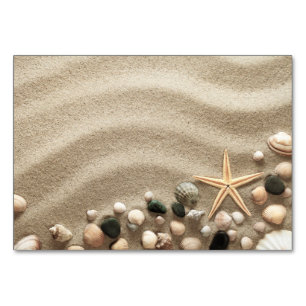 Sandy Beach Background With Shells And Starfish Table Number