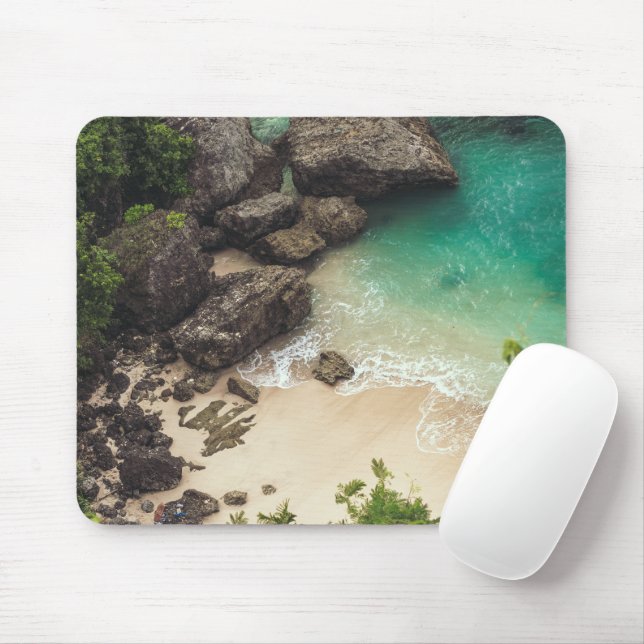 Sandy Beach Cove with Green Trees, Rocks & Ocean Mouse Pad (With Mouse)