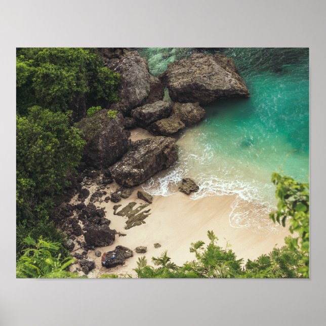 Sandy Beach Cove with Green Trees, Rocks & Ocean Poster (Front)