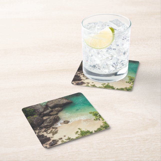 Sandy Beach Cove with Green Trees, Rocks & Ocean Square Paper Coaster (Insitu)