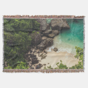 Sandy Beach Cove with Green Trees, Rocks & Ocean Throw Blanket