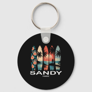Sandy Beach Hawaii Surfboard Surfing Retro _1 Keychain
