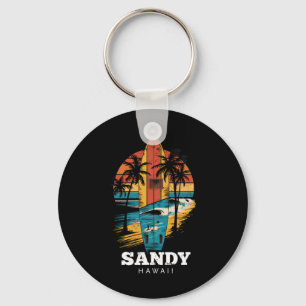 Sandy Beach Hawaii Surfboard Surfing Retro Keychain