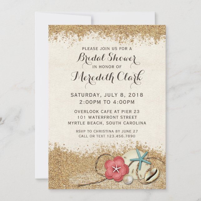 Sandy Beach Hibiscus & Shells Bridal Shower Invite (Front)