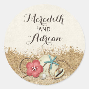 Sandy Beach Hibiscus & Shells Wedding Personalized Classic Round Sticker