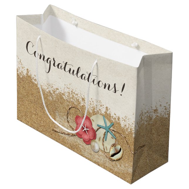 Sandy Beach Hibiscus & Shells Wedding Personalized Large Gift Bag (Front Angled)