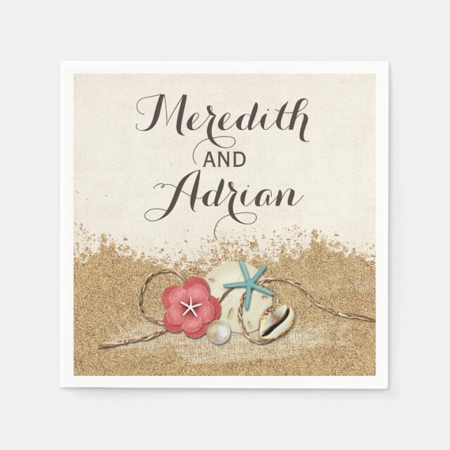 Sandy Beach Hibiscus & Shells Wedding Personalized Napkin (Front)