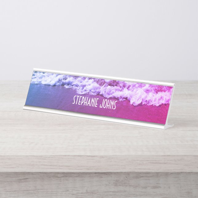 Sandy Beach Ocean Pink Abstract Custom Name Classy Desk Name Plate (Front)