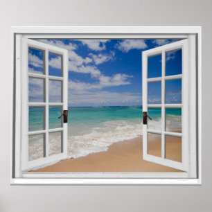 Sandy Beach Ocean View Faux Window Poster
