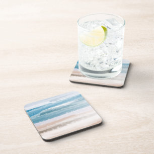 Sandy Beach Ocean Waves Abstract Watercolor Coaster