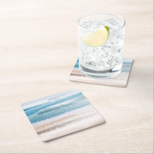 Sandy Beach Ocean Waves Abstract Watercolor  Square Paper Coaster
