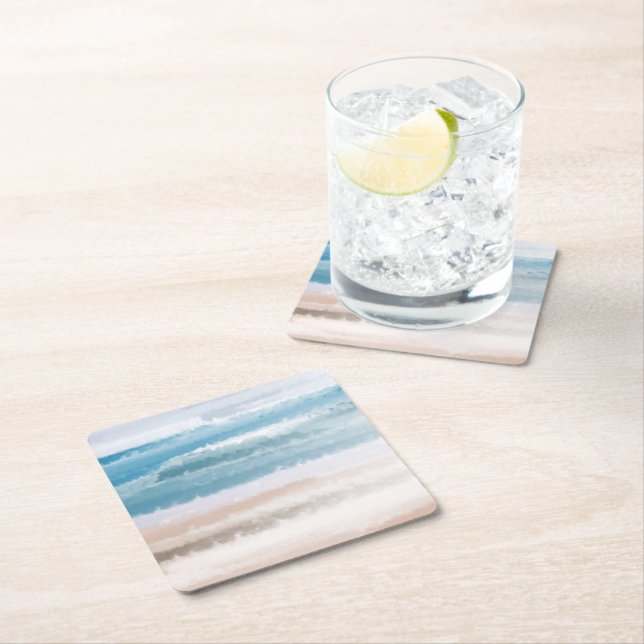 Sandy Beach Ocean Waves Abstract Watercolor  Square Paper Coaster (Insitu)