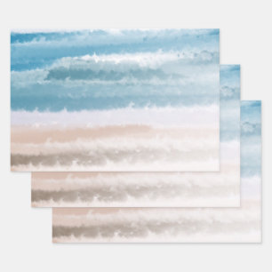 Sandy Beach Ocean Waves Abstract Watercolor Wrapping Paper Sheet