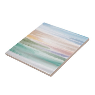 Sandy Beach Ocean Waves Sunset Abstract Watercolor Tile