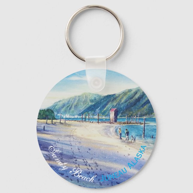Sandy Beach Scene of Juneau Alaska Watercolor Art  Keychain (Front)
