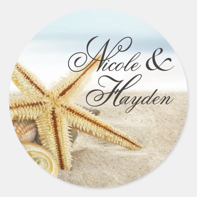 Sandy Beach Starfish Seashells Favour Classic Round Sticker (Front)