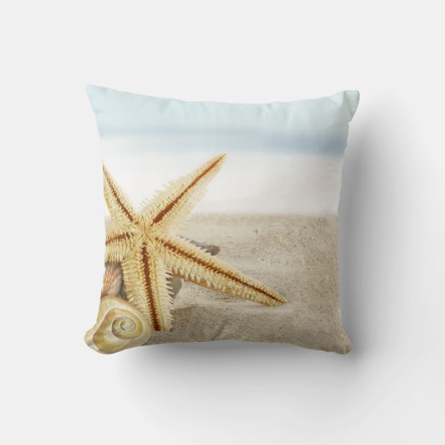 Sandy Beach Starfish Seashells Throw Pillow (Front)