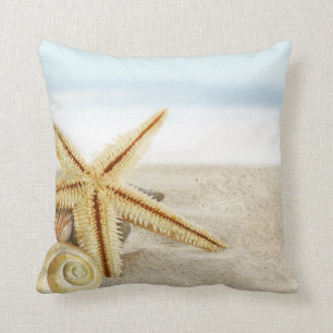 Sandy Beach Starfish Seashells Throw Pillow