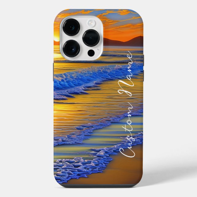 Sandy Beach Sunset with personalized name iPhone Case (Back)