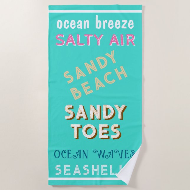 Sandy Beach Turquoise Ocean Typography  Towel (Front)