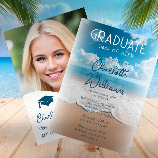 Sandy Beach Waves Graduate Photo Graduation Party Invitation (Beach "Graduate" Photo Graduation Party Invitation - Available in Print and/or Digital Download)