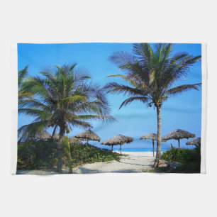 Sandy Beach With Palm Trees and An Ocean View Kitchen Towel
