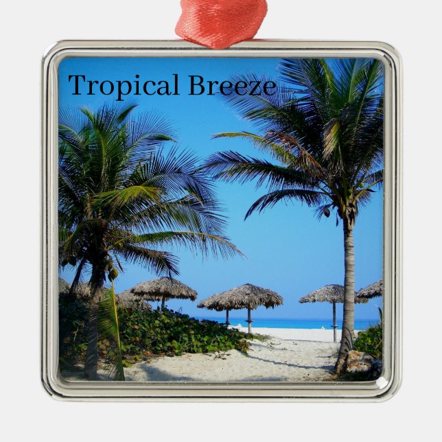 Sandy Beach With Palm Trees and An Ocean View Meta Metal Ornament (Front)