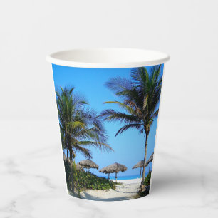 Sandy Beach With Palm Trees and An Ocean View Paper Cups
