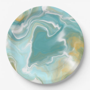 Sandy Brown Ocean Blue Marble Fluid Art Paper Plate