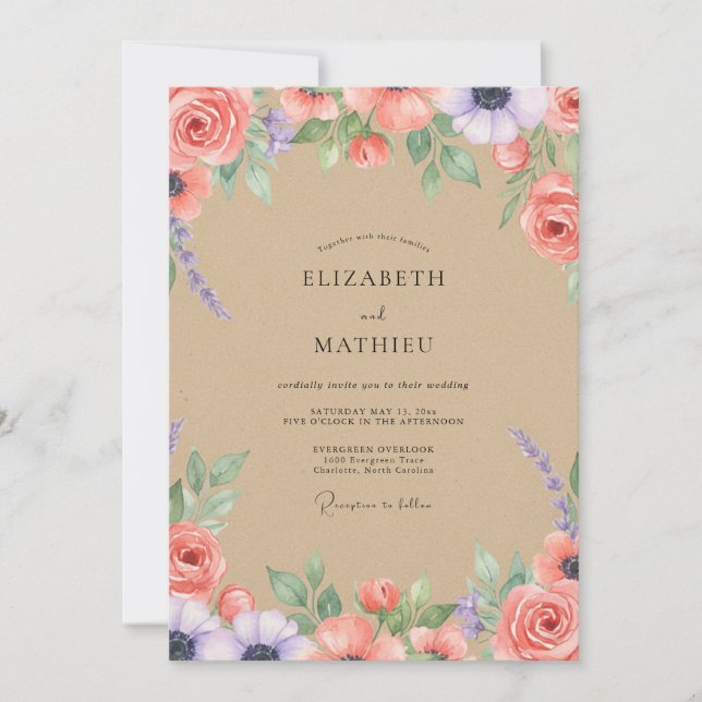 Sandy Coral Peony Wedding Invitation (Front)