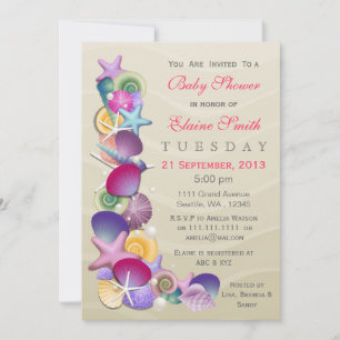 sandy ocean theme Pink Baby shower Invites