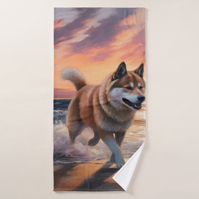 Sandy Paws Akita Dog on Beach Sunset Bath Towel Set (Bath Towel)